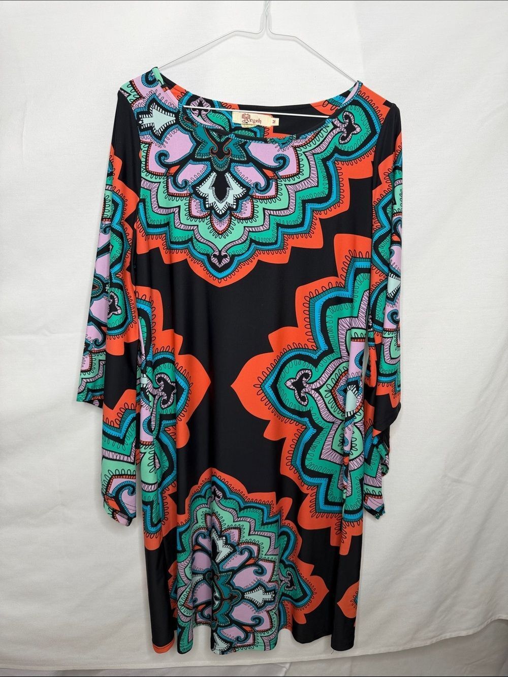 Aryeh Black Tunic with Teal, Coral & Lavender Medallion Print